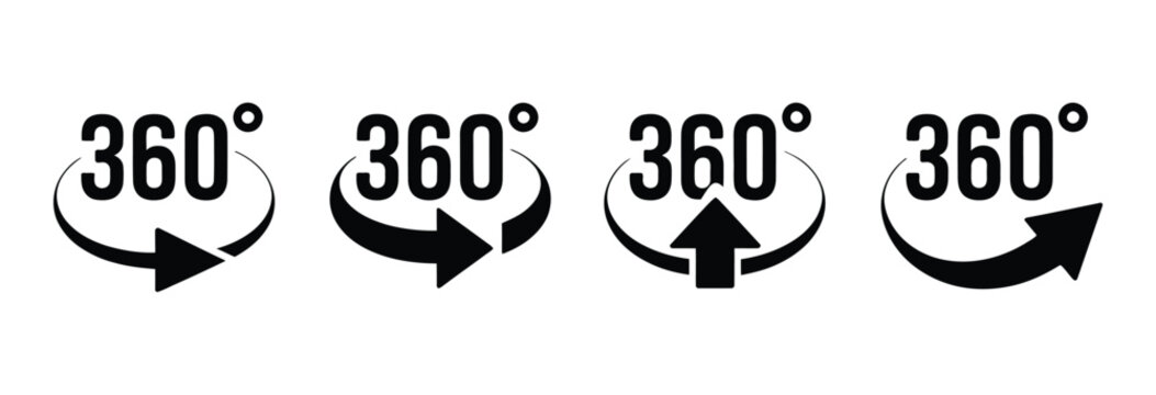 360 degree rotation icon vector set, full circle and complete turnaround symbols for navigation, refresh, panoramic view, and process concepts