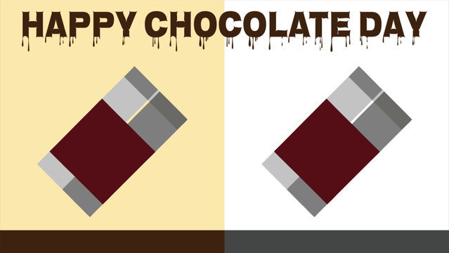 Happy chocolate day flat illustration of candy bars in silver foil wrappers over bicolor background for seasonal treat advertisement use.