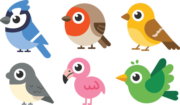 Cute Cartoon Forest and Garden Bird Icon Set with Blue Jay Robin Sparrow Pigeon Flamingo and Parrot Characters for Kids Nursery Designs
