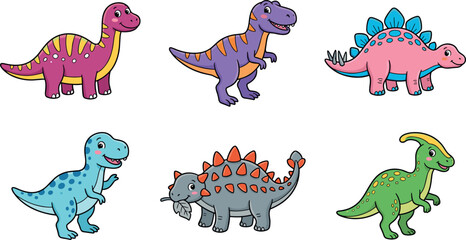 Set of Cute Cartoon Dinosaurs Illustrations Featuring Various Species, Colors, and Poses for Children, Education, Prehistoric, Birthday, and Playful Designs © KP Studio