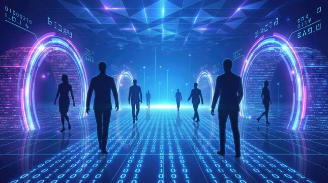 Silhouettes of people walking through glowing digital portals in a futuristic cyberspace environment with binary code and data streams on the floor