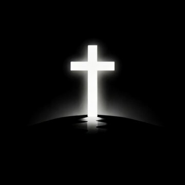 Glowing white cross radiates divine light on dark mountain silhouette against black . Dramatic spiritual symbolism with ethereal glow. For faith, hope, and religious themes.
