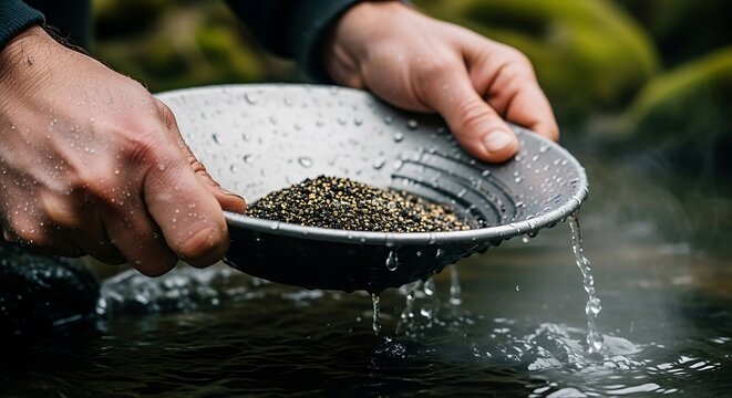 Gold panning in a river close up, person prospecting for gold with a pan