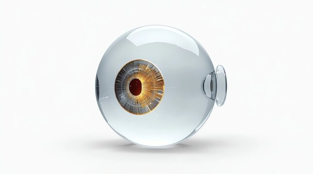 Conceptual studio photograph of a transparent glass eyeball with glowing golden digital circuit iris on pure white background, future bionic vision, generative AI