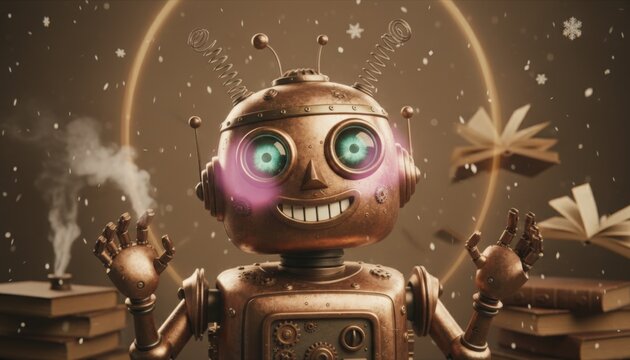 Copper robot smiles warmly with glowing eyes