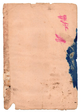 Aged paper with torn edges, stains, and pink ink marks alongside blue watercolor damage. Distressed vintage texture shows wear and deterioration. Excellent for historical and grunge design.
