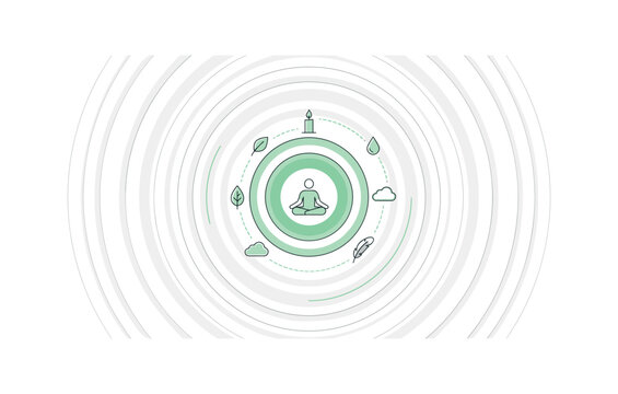 smooth concentric ripple pattern with a small centered calm figure as symbolic hero object representing mindfulness practice