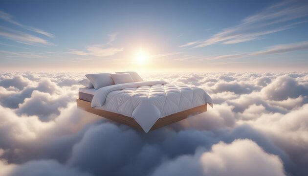 Soft sunlight bathes a bed above fluffy clouds