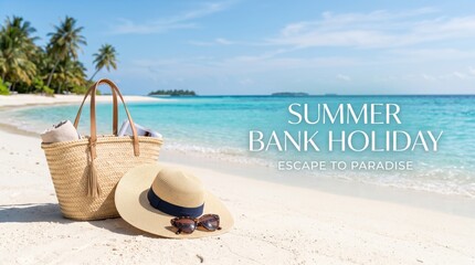 Summer Bank Holiday escape to paradise, tropical beach vacation background with straw bag and sun hat, turquoise ocean water and palm trees