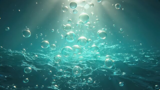 Transparent bubbles rising through turquoise underwater depths toward surface. Spherical air pockets float upward through clear ocean water with light rays. For aquatic and freshness concepts.
