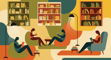 People reading books in a cozy library with bookshelves colorful illustration © monkey
