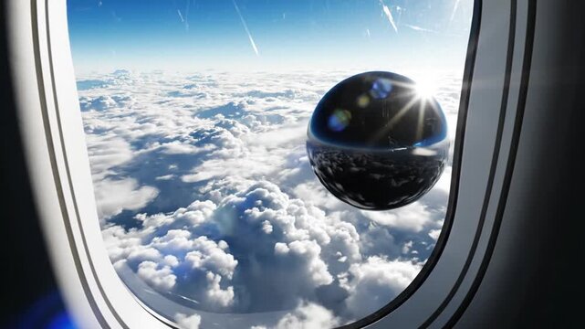 Sphere floating in sky seen through airplane window conceptual scene