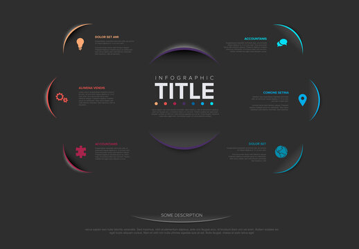 Modern Dark Infographic Template with Six Steps and Central Title