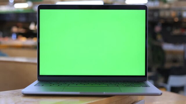 Laptop with green screen sits on wooden table. Background shows blurred cafe interior. Camera moves slightly, focusing on screen. Light reflects softly on laptop surface