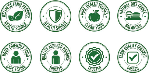 Food quality health labels stamps set safe eating trusted produce farm selection badges. © vector design