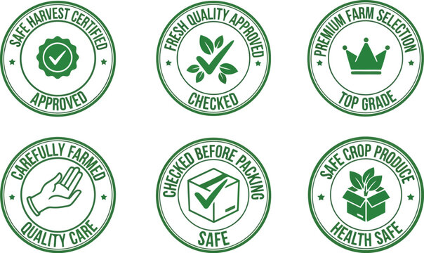 Farm harvest certified quality approved labels stamps set fresh produce safe packing badges.