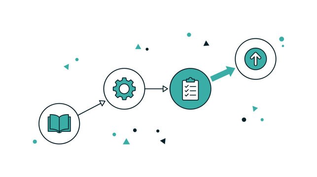 Abstract diagram of career growth flow with nodes representing learning, experience, skill development, and promotion connected