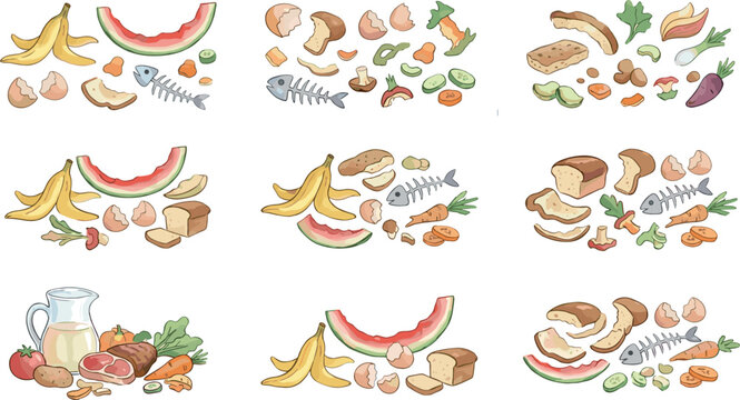 Food Waste and Organic Garbage Illustration Collection Featuring Banana Peels Bread Scraps Fish Bones and Compost Trash Elements for Recycling Designs