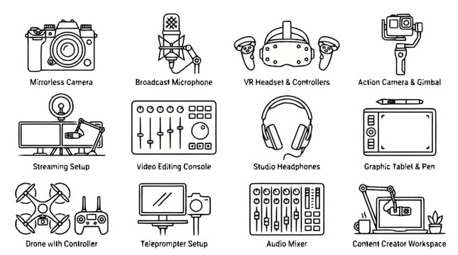 Collection of modern digital content creation equipment and tools.