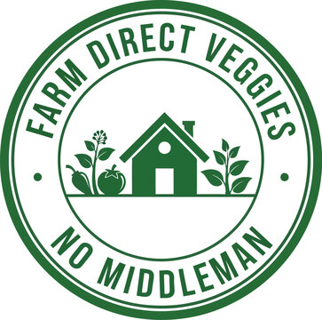 Farm direct veggies no middleman round stamp with house and plants emblem for organic fresh produce agriculture.