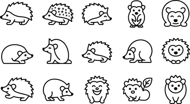 Hedgehog icon set, cute line art animal stickers, simple vector wildlife illustrations on white background