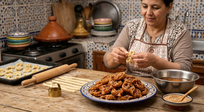 Woman preparing traditional chebakia in a rustic kitchen. Moroccan pastry making process