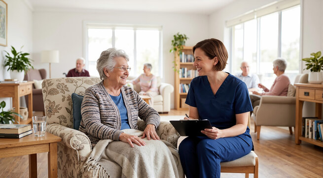 Nurse with a clipboard talking to an elderly woman in a nursing home. Healthcare professional visiting a smiling senior patient in an assisted living facility common room