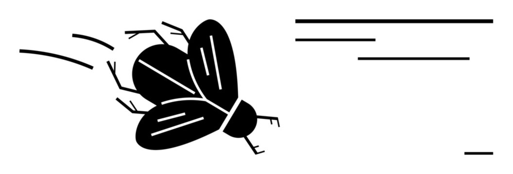 Science, entomology, motion, speed, pest control, minimal design. A stylized black insect with motion lines conveying rapid movement. Entomology and motion concept in graphic design