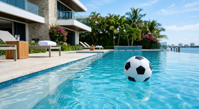 Soccer ball floating in a luxury swimming pool. Summer sports lifestyle at a modern villa