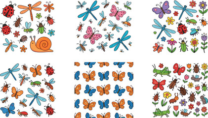 Cute Insect and Butterfly Illustration Collection Featuring Dragonflies Ladybugs Snails Bees and Floral Nature Patterns for Kids Design Projects © KP Studio