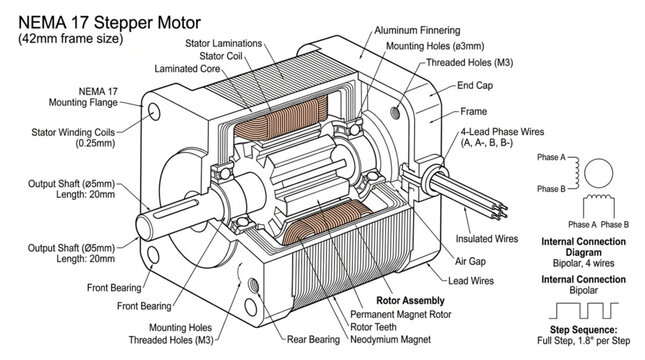 NEMA 17 Stepper Motor Diagram with Labels.
