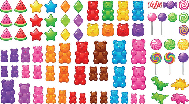 Cute Kawaii Candy Icon Collection Featuring Gummy Bears Lollipops Watermelon Stars Gems and Cartoon Sweet Treats for Kids Design Projects