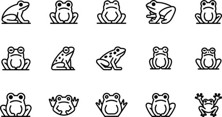 Obraz premium Frog and toad minimal outline icon set, vector amphibian line art symbols isolated on white background
