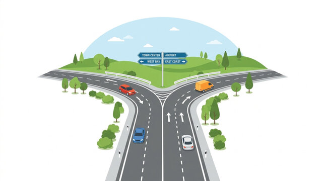 Road junction with cars and green landscape.