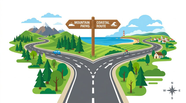Road splits into two directions with signpost showing choices.