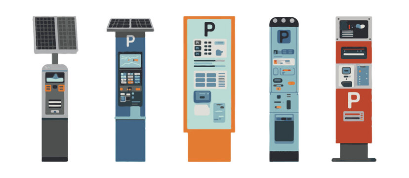Collection of diverse parking payment machines with solar panels