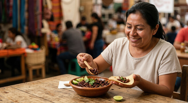 Woman eating chapulines tacos in a traditional market. Mexican food concept with grasshoppers and lime