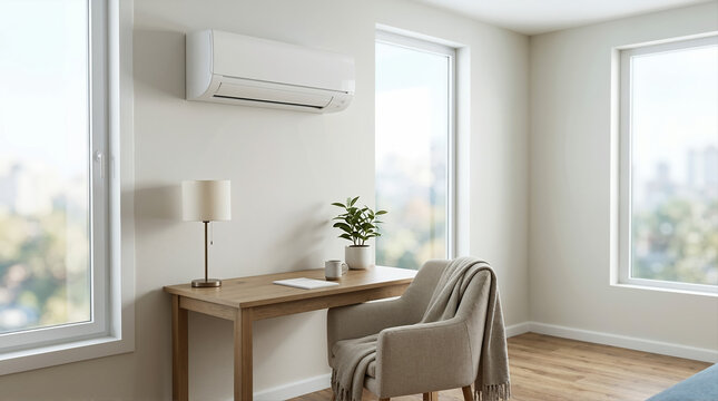 Wall mounted air conditioner in a modern home office. White split system ac unit above a wooden desk in a bright room. Climate control concept