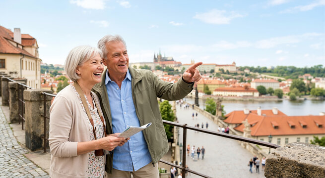 Elderly couple traveling and sightseeing in a European city. Active senior tourists with a map and camera enjoying a panoramic view. Retirement vacation and exploration concept