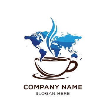 Coffee Cup with World Map Background Logo Concept.