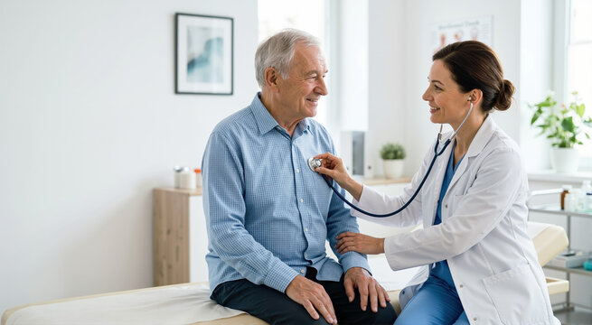 Female doctor examining an elderly male patient with a stethoscope. Senior man having a medical checkup in a modern clinic. Healthcare and positive doctor patient interaction