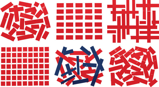 Red Adhesive Tape Shape Collection Featuring Sticky Duct Tape Strips Grid Patterns and Abstract Label Elements for Graphic Design Projects