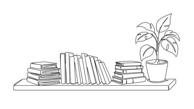 animated continuous line drawing of books on a shelf, line art animation