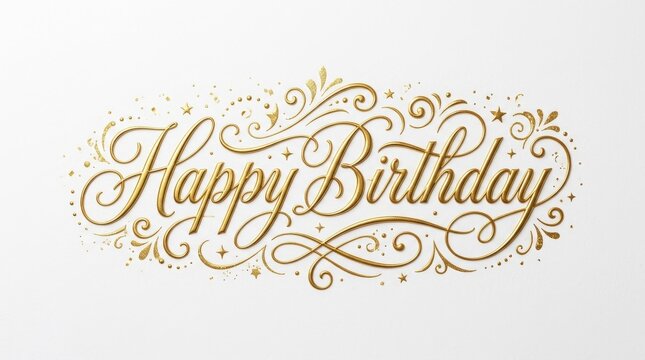 Elegant golden happy birthday script on white background, celebration greeting typography, party luxury festive ornament,