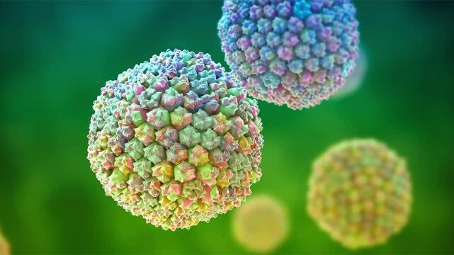 Adenovirus particles slowly rotating and drifting in fluid, detailed icosahedral capsid structure visualised, molecular virology concept, 3D animation.