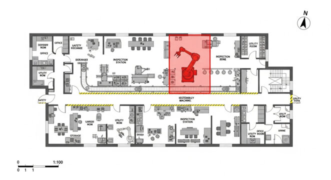 Industrial robot arm highlighted on factory floor plan blueprint.