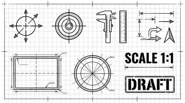 A detailed technical blueprint displays precision instruments like calipers and a ruler, marked with a draft stamp on a clean, gridded engineering background.