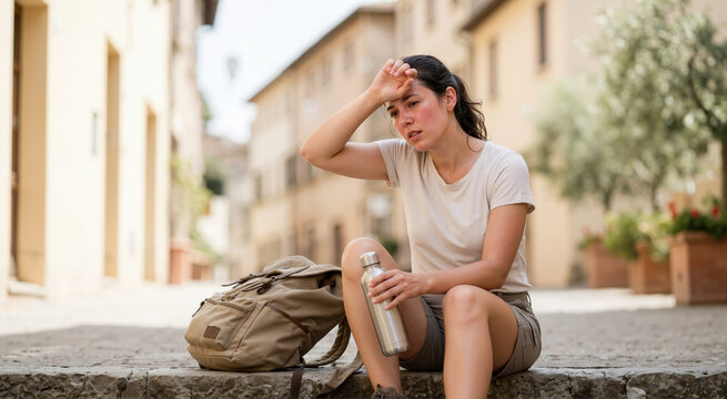 Tired woman suffering from heat exhaustion in a city street. Traveler resting with water bottle. Summer heatwave concept