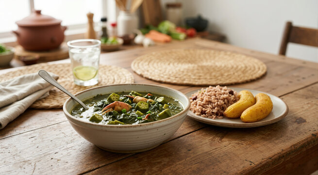 Bowl of callaloo soup with crab and side of rice and plantains. Caribbean traditional dish on a wooden table
