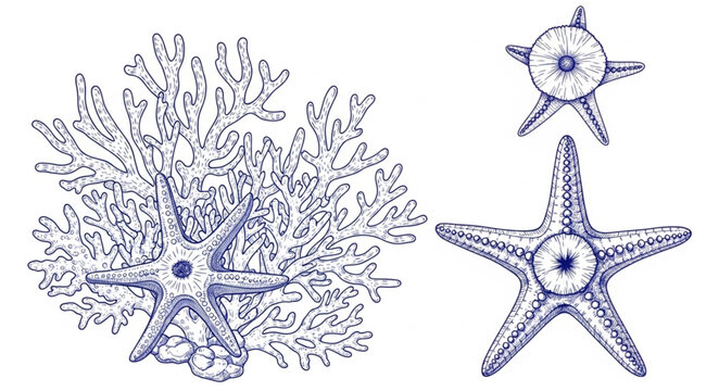 Illustration of a starfish and coral reef life.